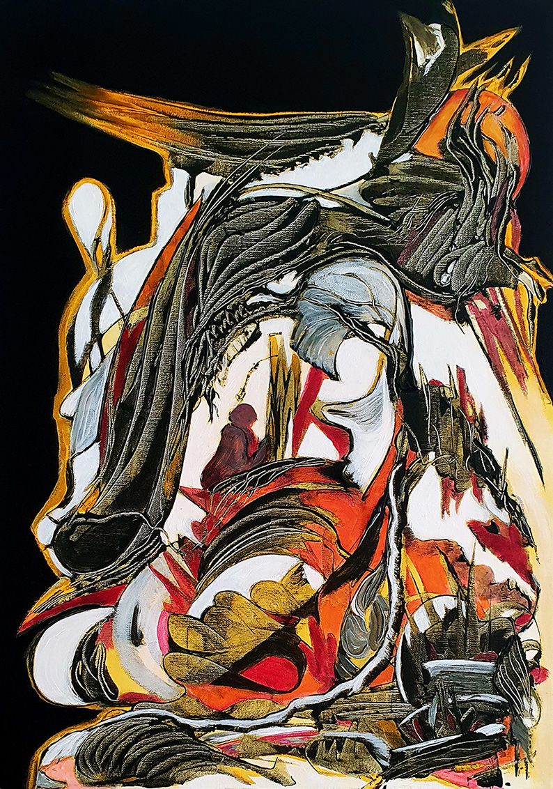 Abstraktes Werk („Within The Mystery"): dunkle, geschwungene Formen auf schwarzem Hintergrund mit weißem Negativraum und warmen Akzenten in Orange, Ocker und Rot; vielschichtige, dynamische Texturen.