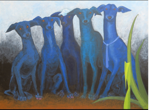 Zu sehen sind 5 Hunde mit blauem Fell sie ähneln Windhunden. Einer von Ihnen trägt eine blaue Krawatte. Sie stehen vor einem Schwarz, Grau und Hellblauem Hintergrund, welcher den Himmel darstellen soll. Die Blautöne der Felle sind alle unterschiedlich. Der Untergrund auf dem die Hunde stehen erinnert an erdigen Boden. Auf der rechten Seite sind Grashalme zu sehen, welche sich im Wind zu wiegen scheinen. Besonders hervorstechend sind die roten Augen und roten Krallen der Hunde. Allgemein erinnern die 5 an Hunde die mit ihren Augen gerade etwas Interessantes entdeckt haben. Sie wirken fast so als hätte man sie bei etwas Verbotenem erwischt.