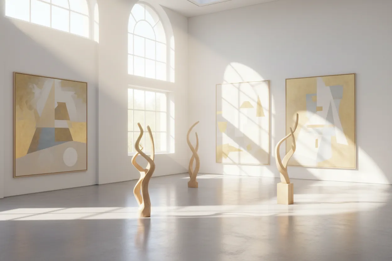 Lichtdurchfluteter White-Cube-Galerieraum mit minimalistischen Skulpturen und gerahmten Gemälden in goldenen und cremefarbenen Tönen.