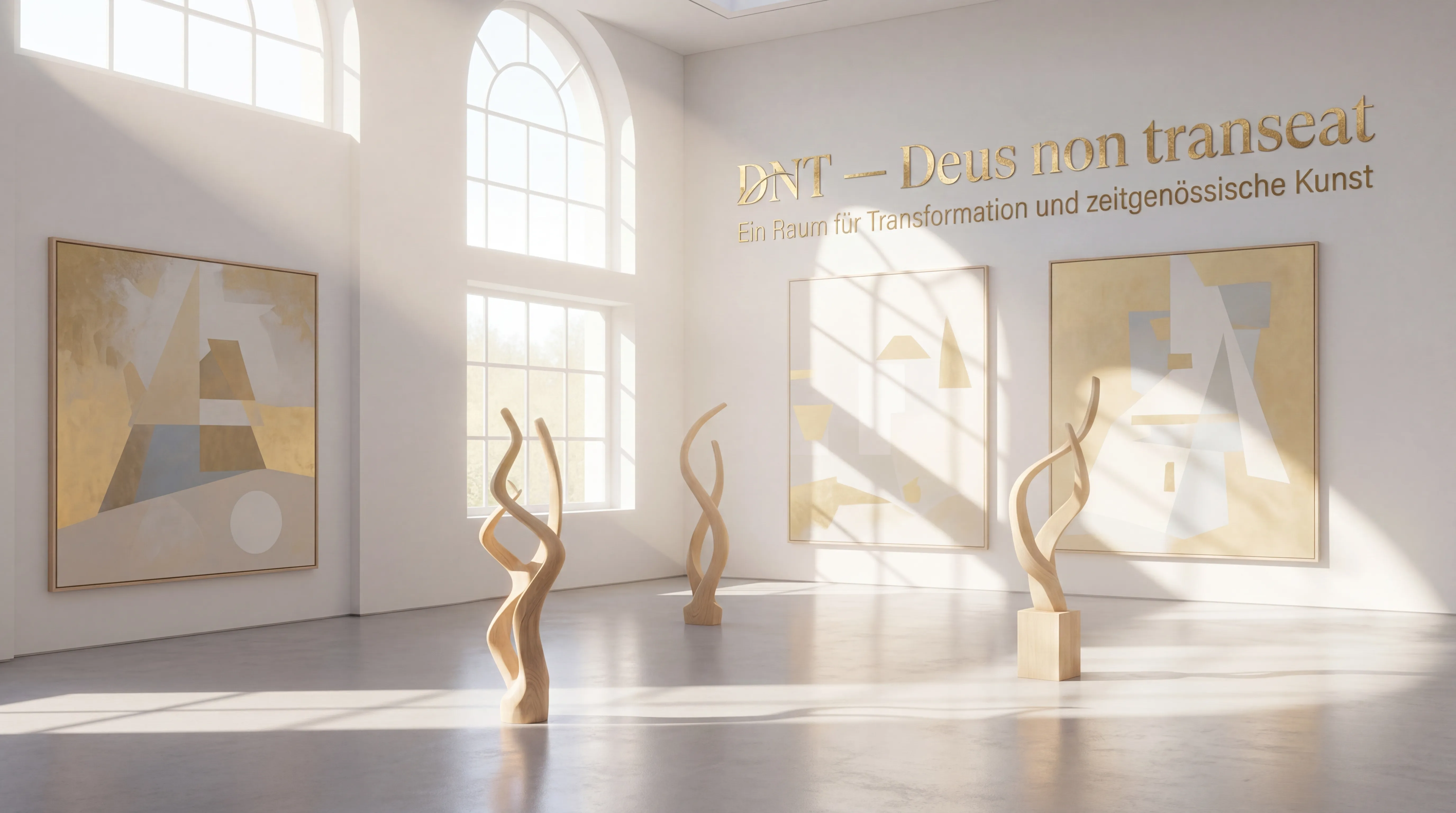 Lichtdurchfluteter Galerieraum mit Bogenfenstern, Skulpturen und hellen Wandflächen im kuratierten DNT-Stil.