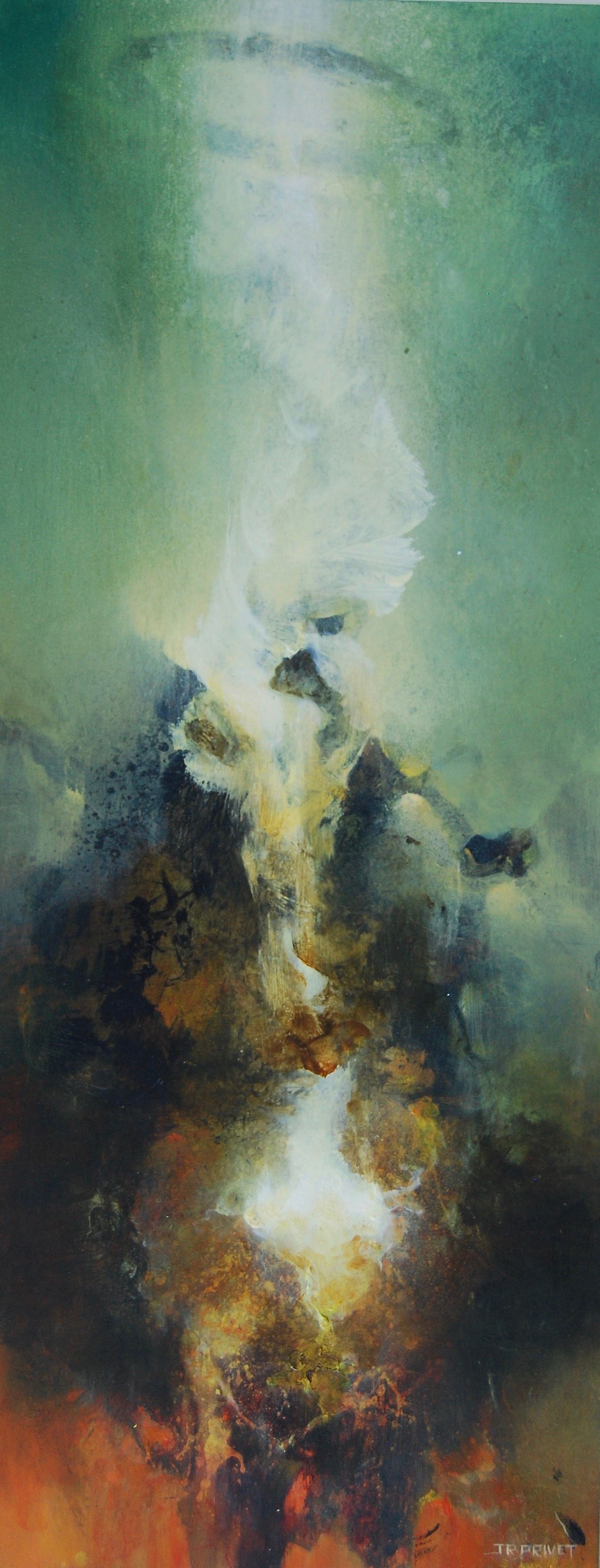 Abstraktes Werk „Terre d'espoir I" (2023) von Jean-Paul Privet, Acryl auf Holz, 58 × 23,5 cm: vertikale Komposition mit erdigen Braun- und Grüntönen, aus der ein heller Lichtstrom nach oben aufsteigt und Hoffnung sowie Transformation symbolisiert.