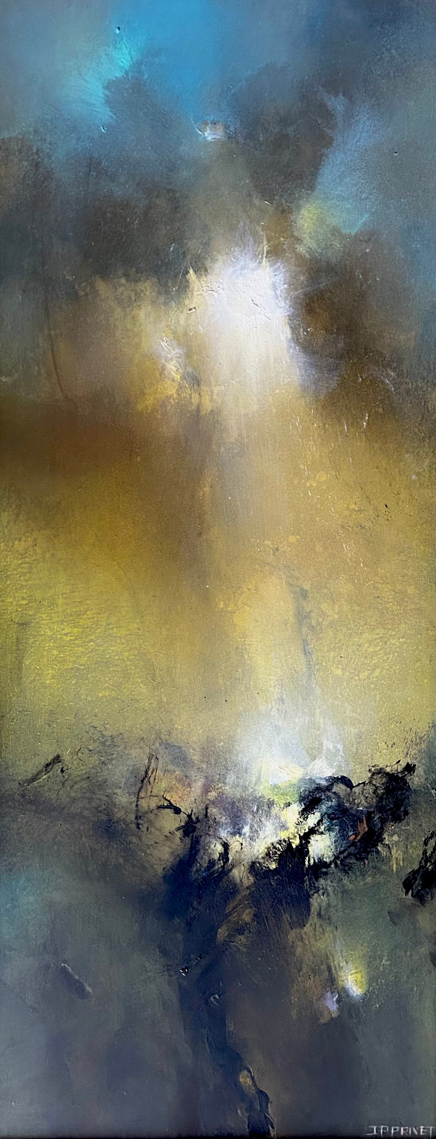 Abstraktes Werk „Terre d'espoir II" (2023) von Jean-Paul Privet, Acryl auf Holz, 58 × 23,5 cm: leuchtender vertikaler Lichtkern in Gold- und Gelbtönen vor dunkleren Blau- und Erdtönen, Ausdruck von Hoffnung und Aufstieg.