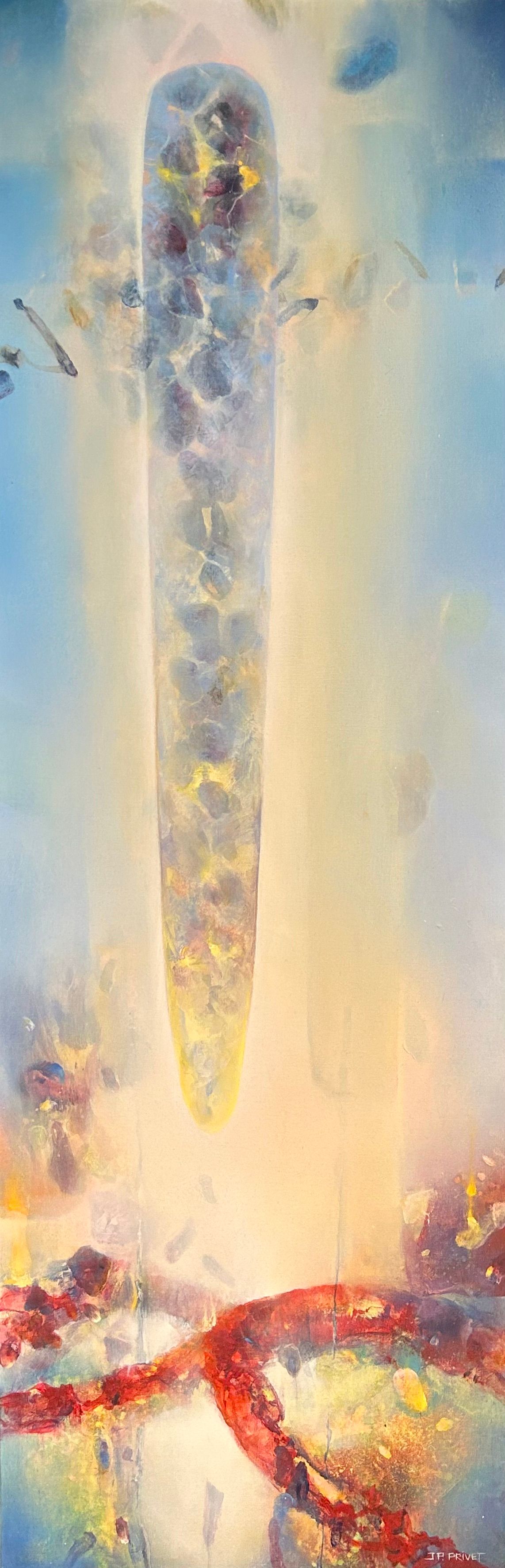 Abstraktes Acrylgemälde „Matinal" (2018) von Jean-Paul Privet, 150×50 cm: vertikale, lichtdurchlässige Form in Blau-, Gelb- und Rottönen auf hellem Hintergrund, Acryl auf Leinwand.