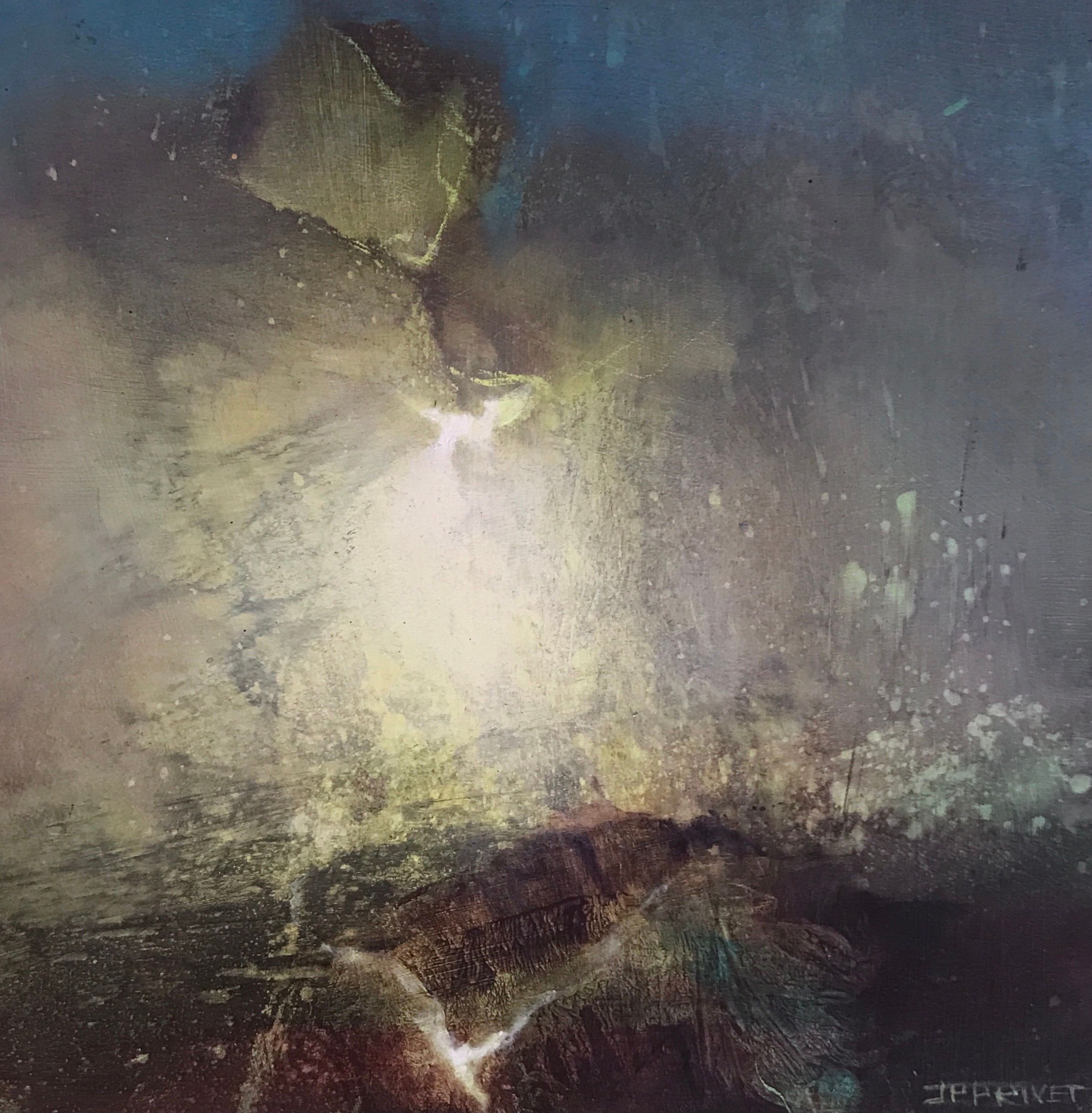 Abstraktes Werk „Messenger I" (2018) von Jean-Paul Privet, Acryl auf Holz, 20 × 20 cm: sanfter Lichtimpuls steigt aus dunklen, erdigen Farbschichten empor, feine Texturen und gedämpfte Blau- und Ockertöne, stille symbolische Atmosphäre.