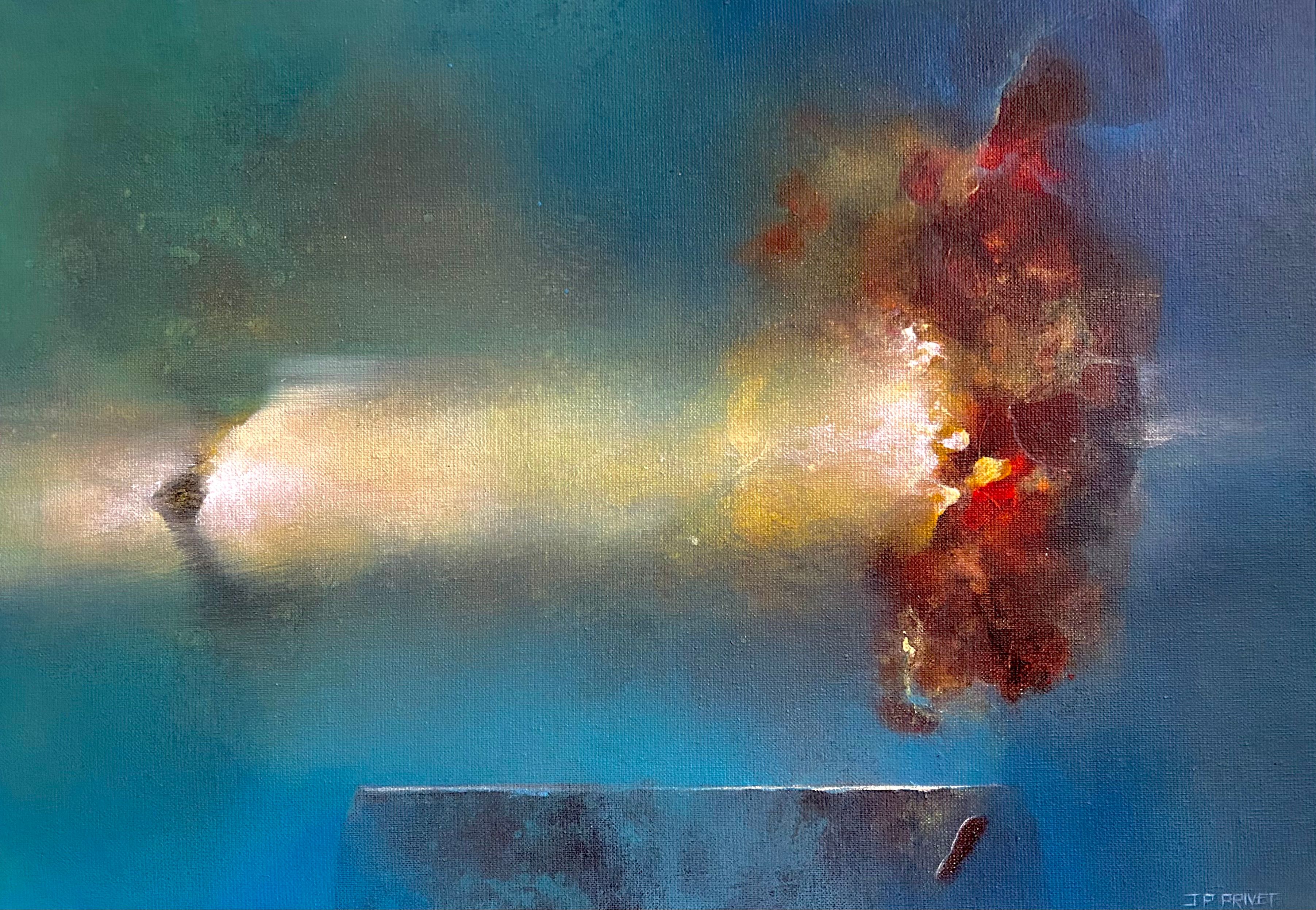Abstraktes Acrylgemälde „Philaë" von Jean-Paul Privet: leuchtende weiße Lichtspur trifft auf rot-goldene Farbexplosion vor blaugrünem Hintergrund, Acryl auf Leinwand.