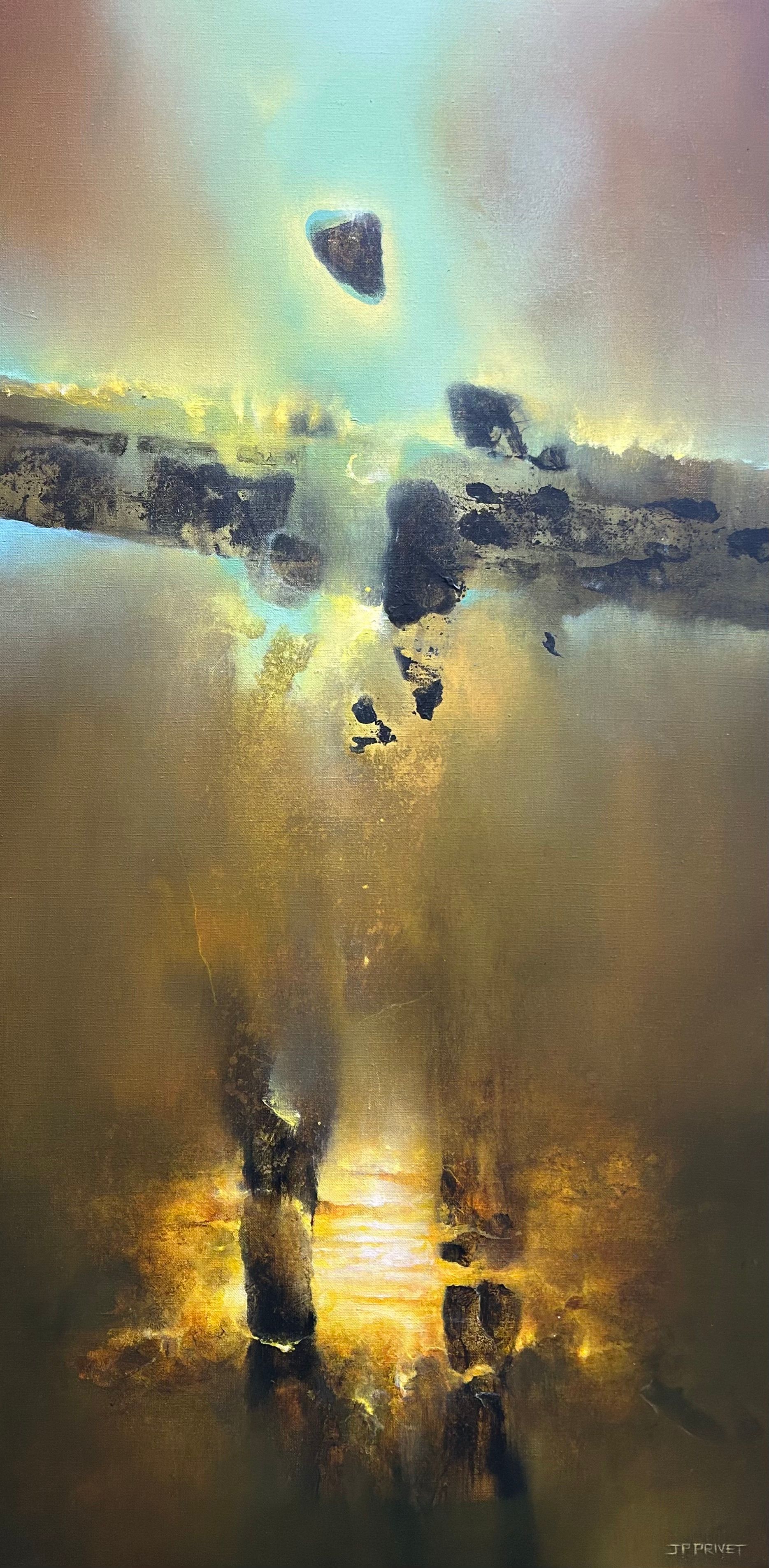 Abstraktes Acrylgemälde „Signs of the Times II" (2024) von Jean-Paul Privet, 100 × 50 cm: vertikale, figurenhafte Spuren und schwebende Fragmente in warmen Gold- und Brauntönen vor hellem, lichtdurchzogenem Hintergrund, Acryl auf Leinwand.
