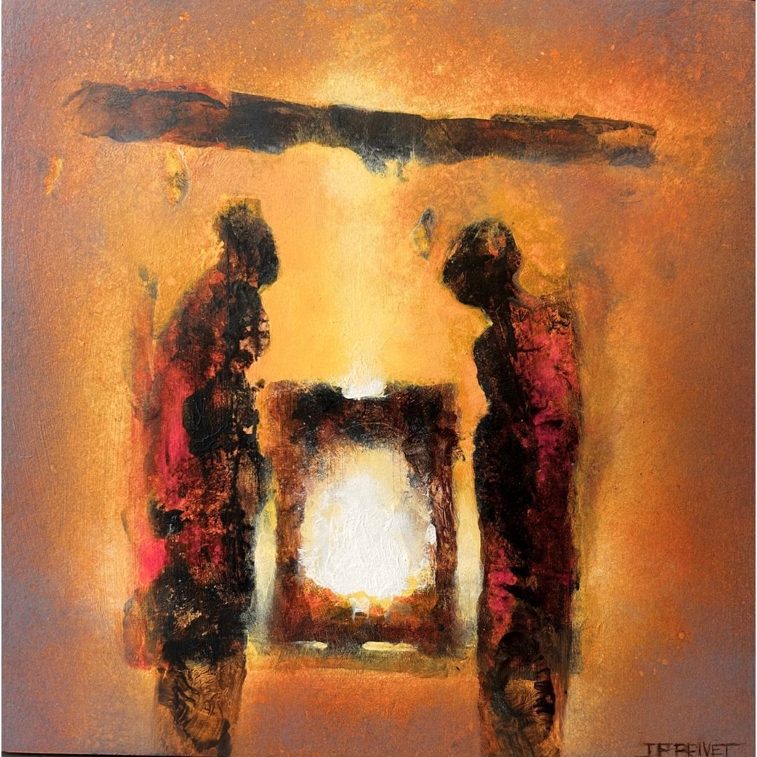 Abstraktes Gemälde „Petit Naos II" von Jean-Paul Privet mit zwei figurenhaften Formen in Rot- und Ockertönen, die ein leuchtendes, schreinartiges Zentrum in warmen Goldfarben umrahmen.