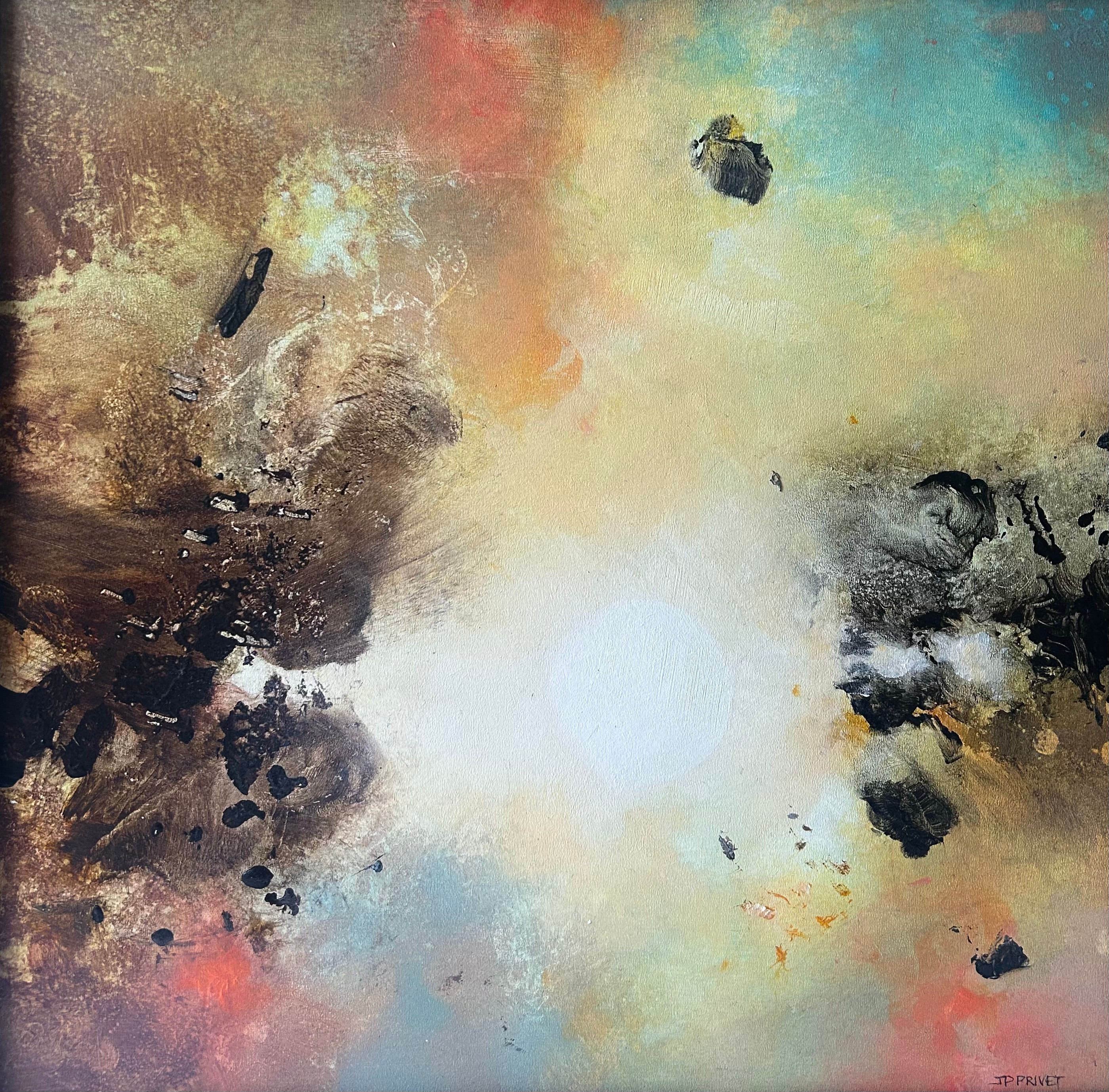 Abstraktes Werk „Square of Sky II" (2025) von Jean-Paul Privet, Acryl auf Holz, 30 × 30 cm: leuchtendes helles Zentrum, umgeben von erdigen Braun-, Schwarz- und Goldstrukturen mit sanften Blau- und Rosétönen, Ausdruck von Licht, Tiefe und Offenheit.