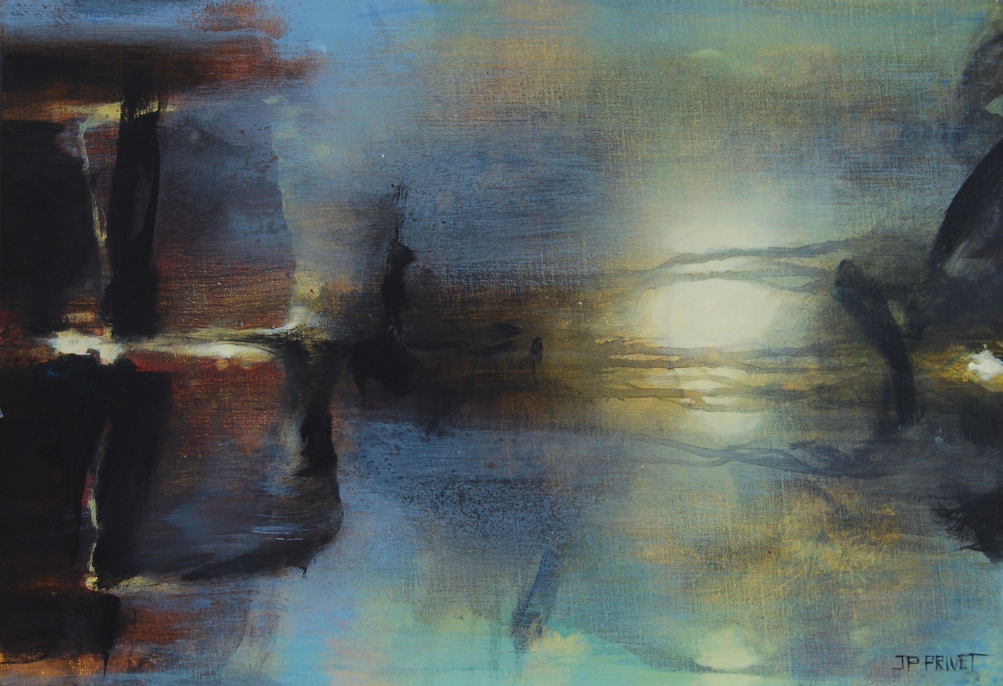 Abstraktes Kunstwerk „Land of Hope I" von Jean-Paul Privet: vertikale Komposition in Acryl auf Holz mit erdigen Braun- und Grüntönen, aus denen ein heller, aufsteigender Lichtstrom Hoffnung, Wandel und innere Bewegung symbolisiert.
