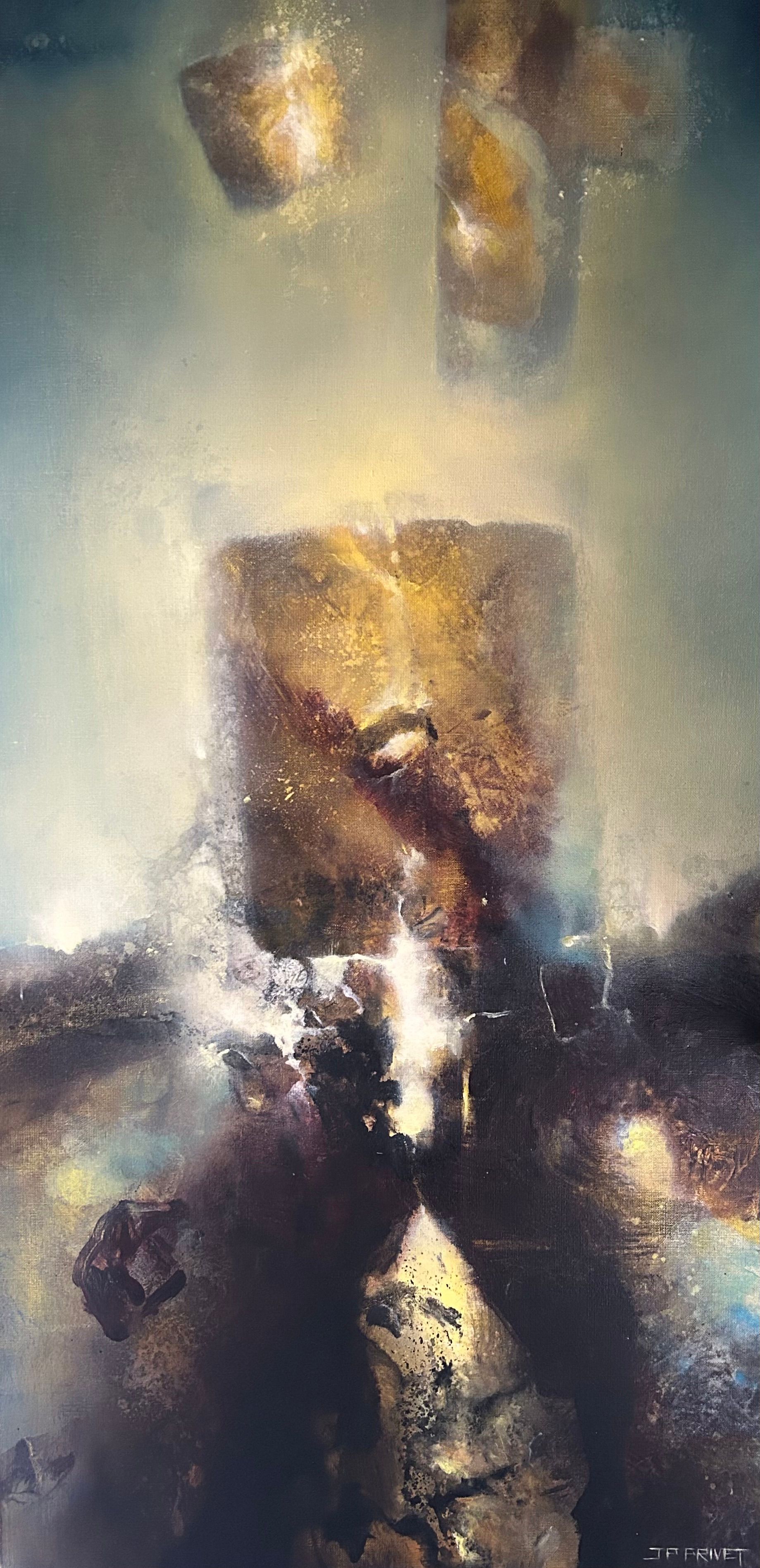 Abstraktes Acrylgemälde „The New World" (2021) von Jean-Paul Privet, 100 × 50 cm: verdichtete, figurenhafte Form aus dunklen Erd- und Goldtönen, durchzogen von hellem Licht, Symbol für Übergang, Erneuerung und Transformation, Acryl auf Leinwand.