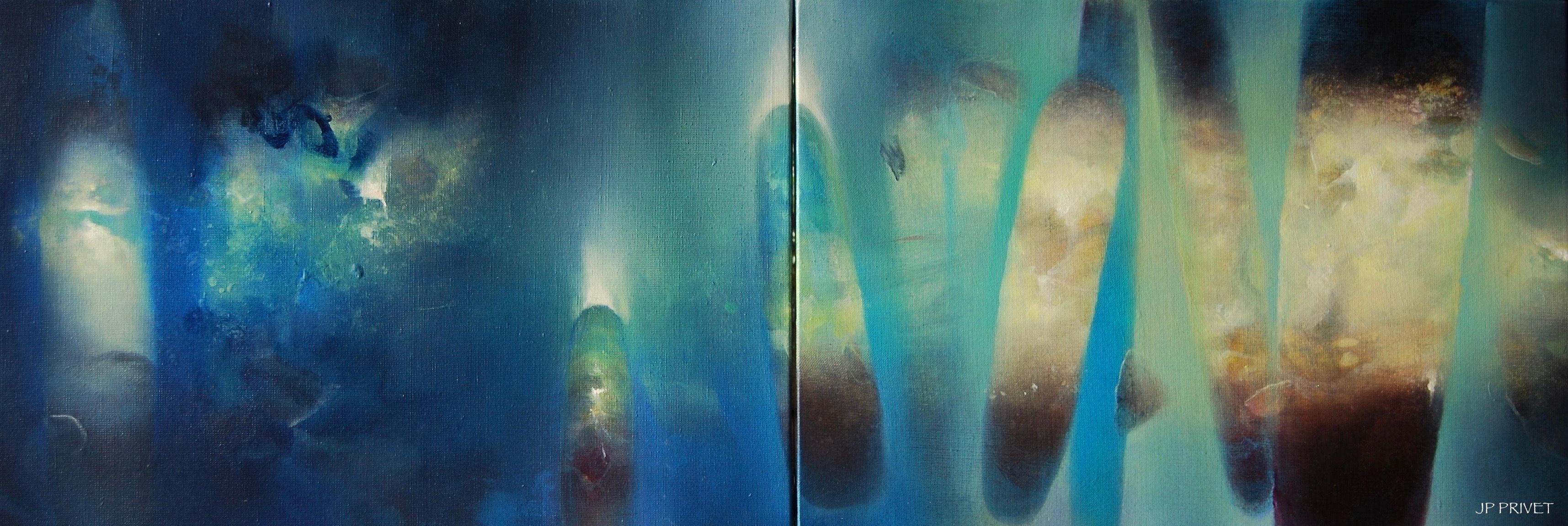 Abstraktes Acryl-Diptychon „The Precursors" (2021) von Jean-Paul Privet, 38×110 cm: kühler blaugrüner Bildraum mit transluzenten, säulenartigen Formen, die wie Spuren aus diffusem Licht aufsteigen.
