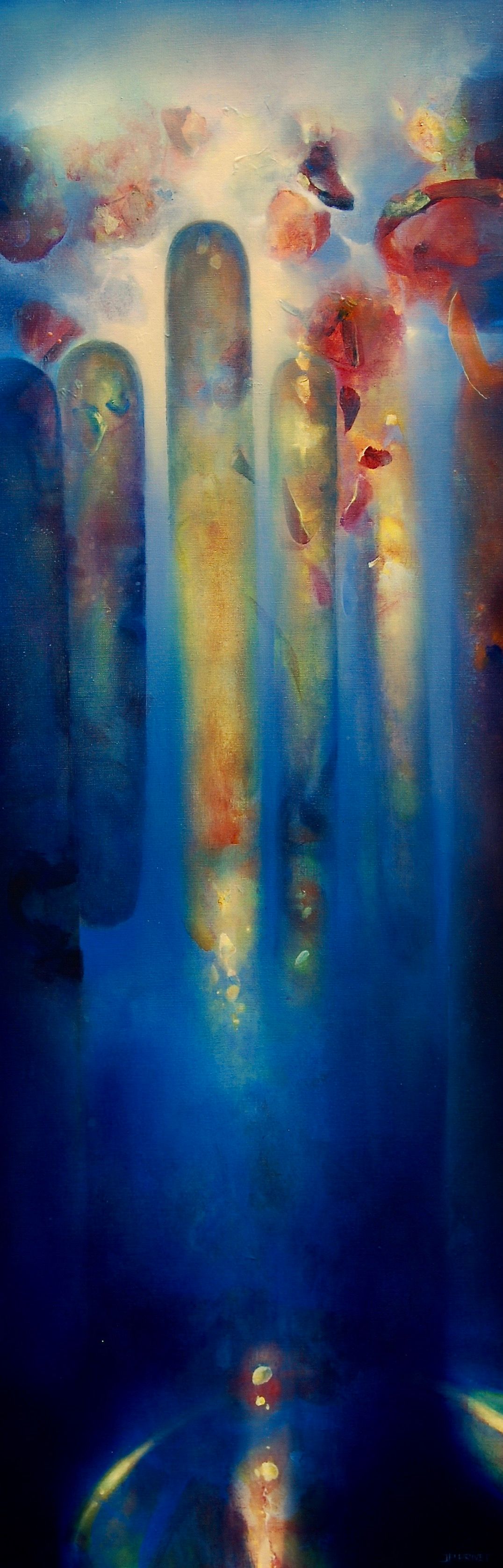 Abstraktes Acrylgemälde „Vespéral" (2018) von Jean-Paul Privet, 150 × 50 cm: vertikale, lichtdurchlässige Formen in tiefem Blau mit warmen Rot- und Goldakzenten, Acryl auf Leinwand.