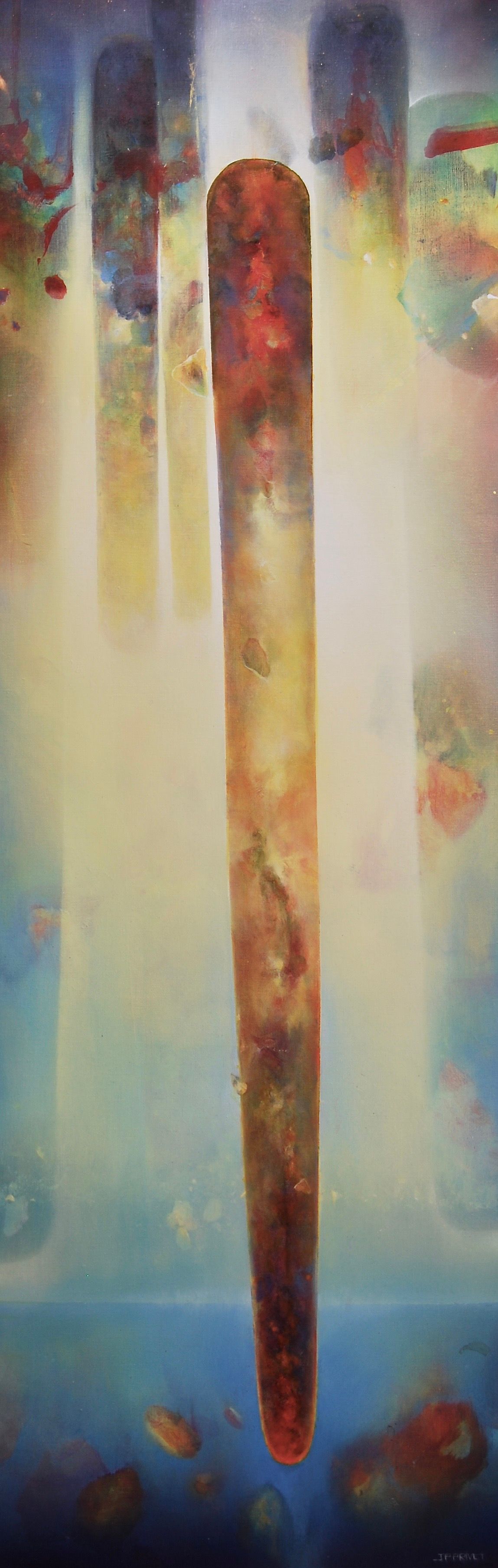 Abstraktes Acrylgemälde „Zénithal" (2018) von Jean-Paul Privet, 150×50 cm: zentrale vertikale Form in warmen Rot- und Erdtönen vor hellem Blau, Acryl auf Leinwand.