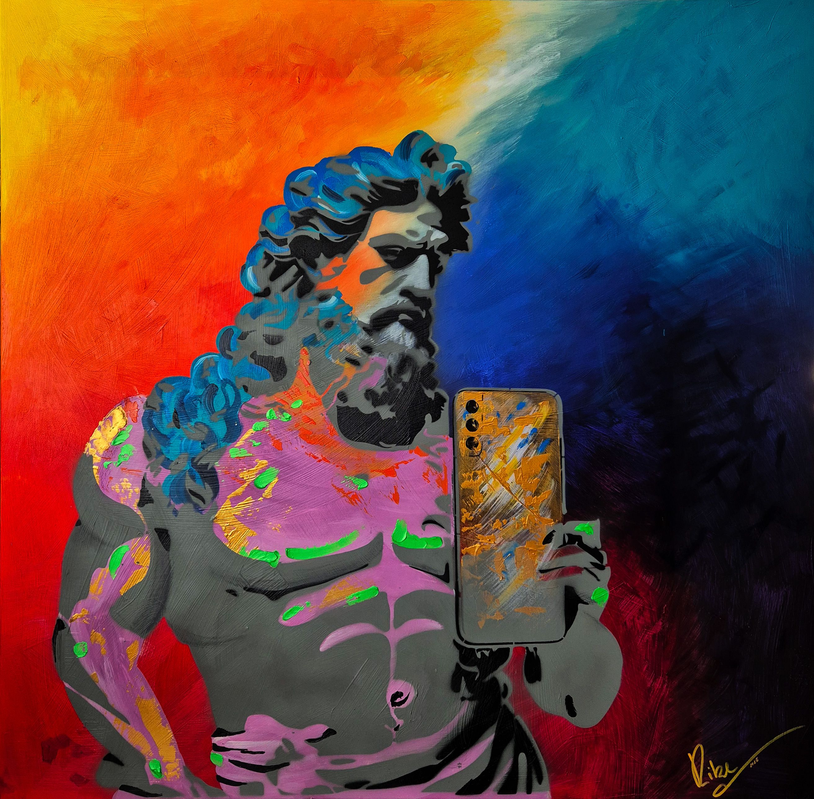 Selfie 2" -- Stencil-Pop-Art-Gemälde einer antik wirkenden männlichen Figur mit Smartphone-Selfie, graue Körperflächen mit Neon-Spritzern vor leuchtendem Rot-Blau-Farbverlauf (Rike Wölke).